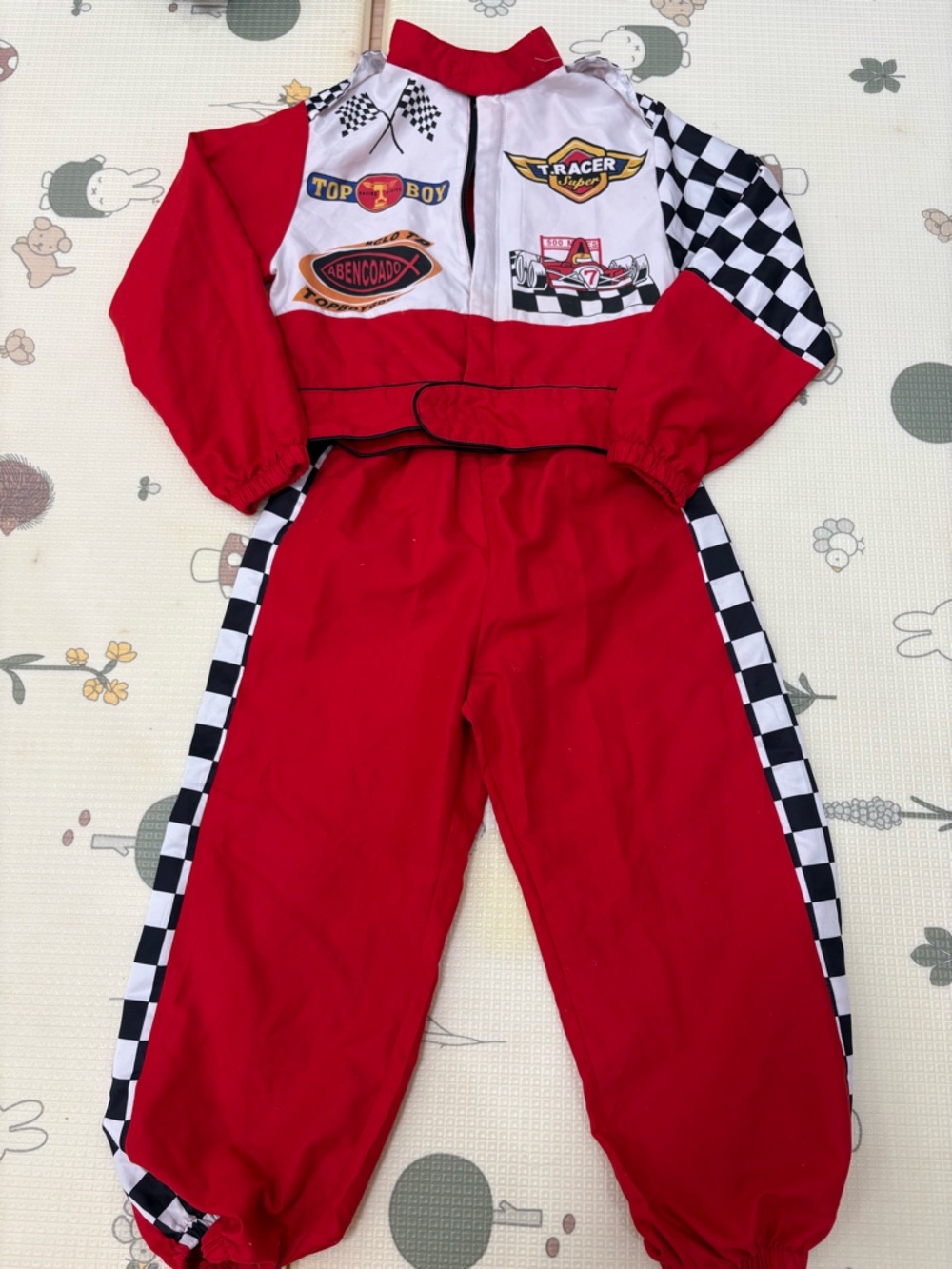 Red Kids Racing Jumpsuit with Checker Stripe